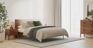 An airy modern bedroom featuring The Modern Day curated design