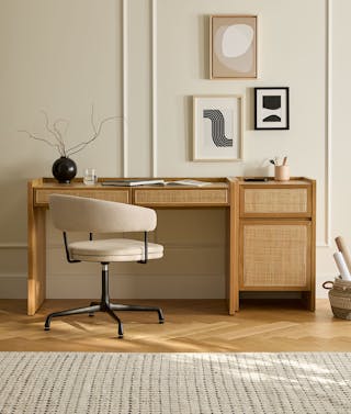 Deca Oak Desk and Cabinet, Renna Chair