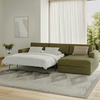 Green sectional sleeper sofa with a pull-out bed and chaise lounge on a green rug in a living room.