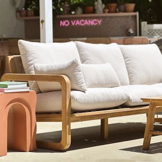Styled image of the Laholm 88" Outdoor Sofa in Dravite Ivory, photo by @ponderosa_and_plaid