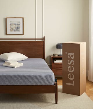 Image of Lenia Queen Panel Bed in Walnut with Leesa Studio Queen Mattress