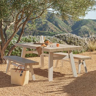 Sardis Driftwood Gray Dining Table and Benches Outdoor 2023