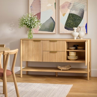 Liv 58" Sideboard in White Oak styled in a bright dining space, featuring ample interior storage