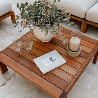Cove 34.25" Outdoor Coffee Table in Acacia, styled by @halfway_wholeistic